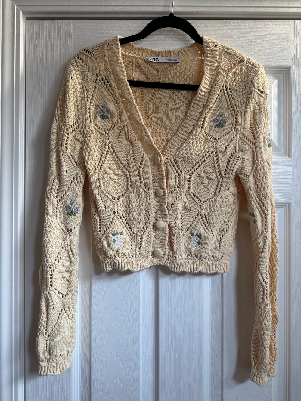 Zara pastel yellow embroidered cotton cardigan